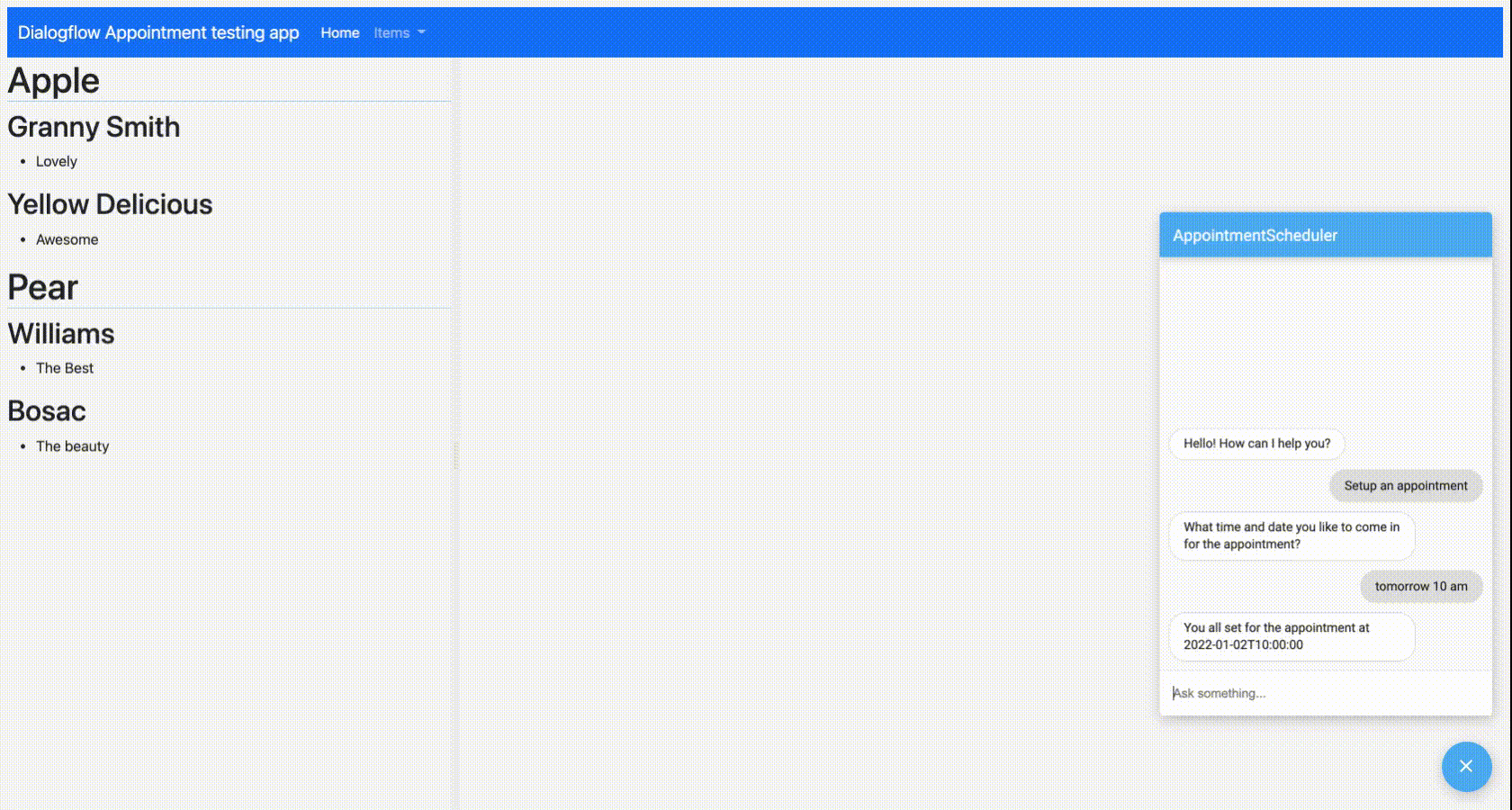 testing with Dialogflow Messenger flow Demo