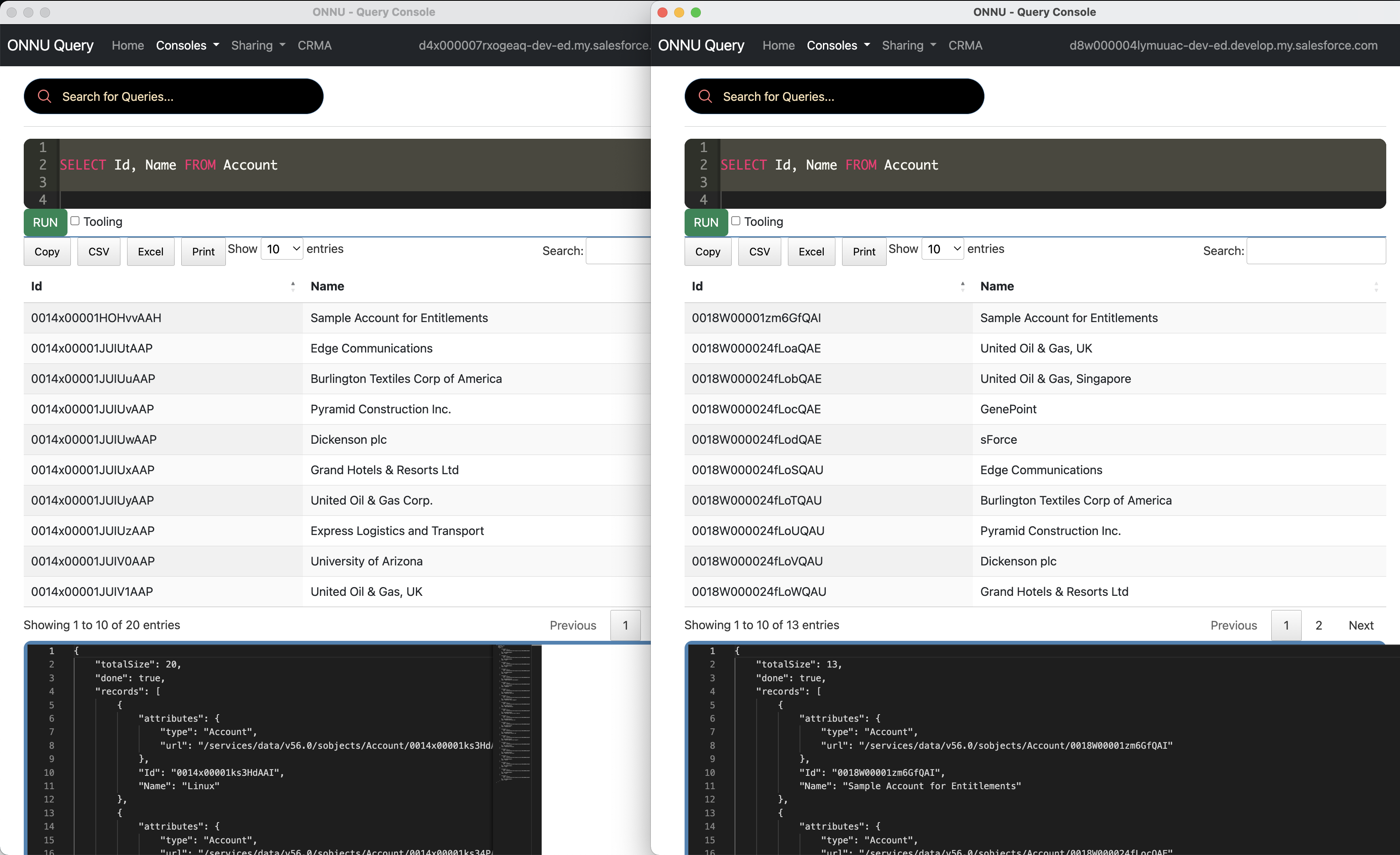 Compare 2 org query results