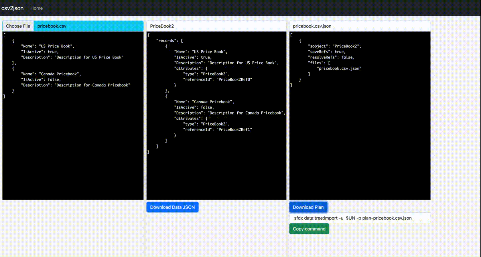Demo of csv2json